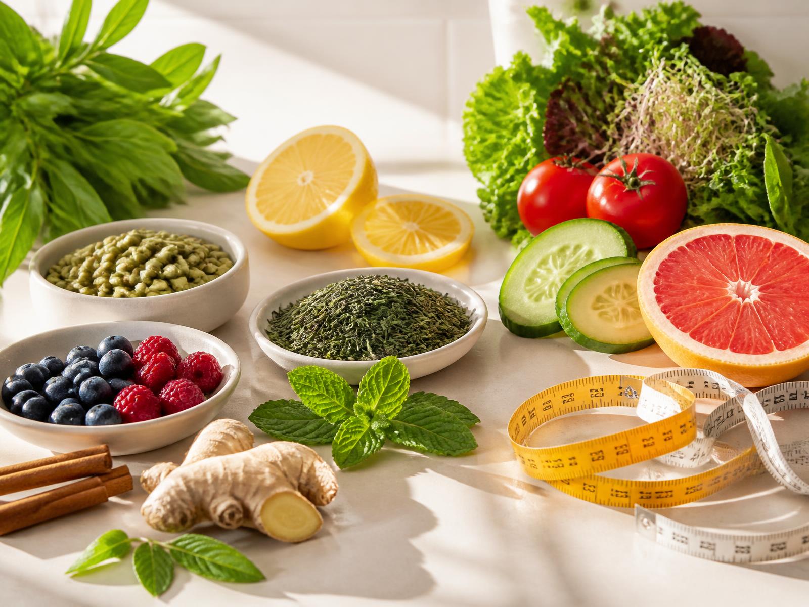 Fresh green tea leaves, green coffee beans, citrus, berries, mint, ginger and vegetables on a sunlit kitchen counter